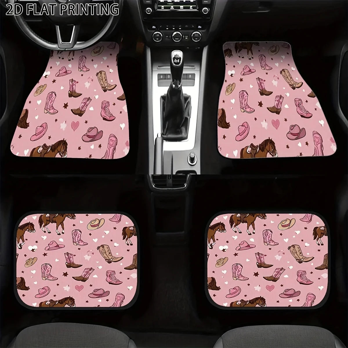 4-Pc Western Cowgirl Car Floor Mats – Pink Cow Print Car Floor Mats HIP