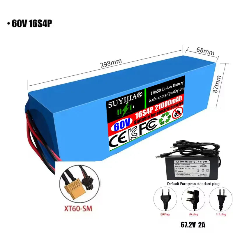 60V 21Ah 18650 16S4P Lithium Battery Pack with BMS | 1800W Lithium Battery Pack HIP XT60-SM and charger