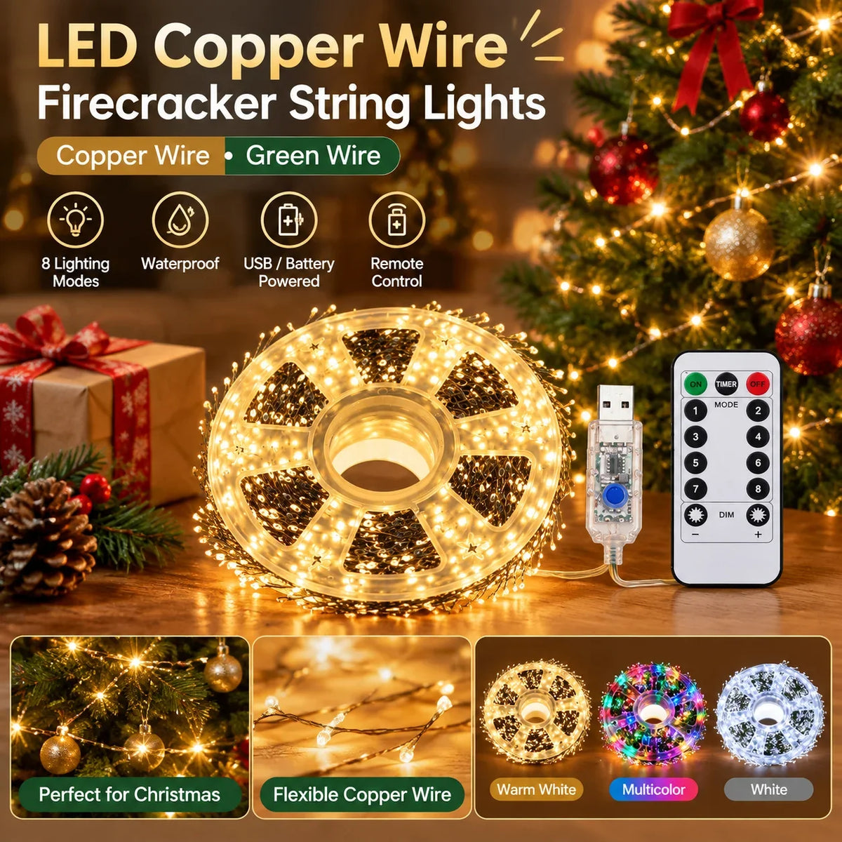 Waterproof Green/Silver Wire LED Copper Wire Firecracker String Lights Battery Box/USB Powered With Remote Christmas Decoration HIP