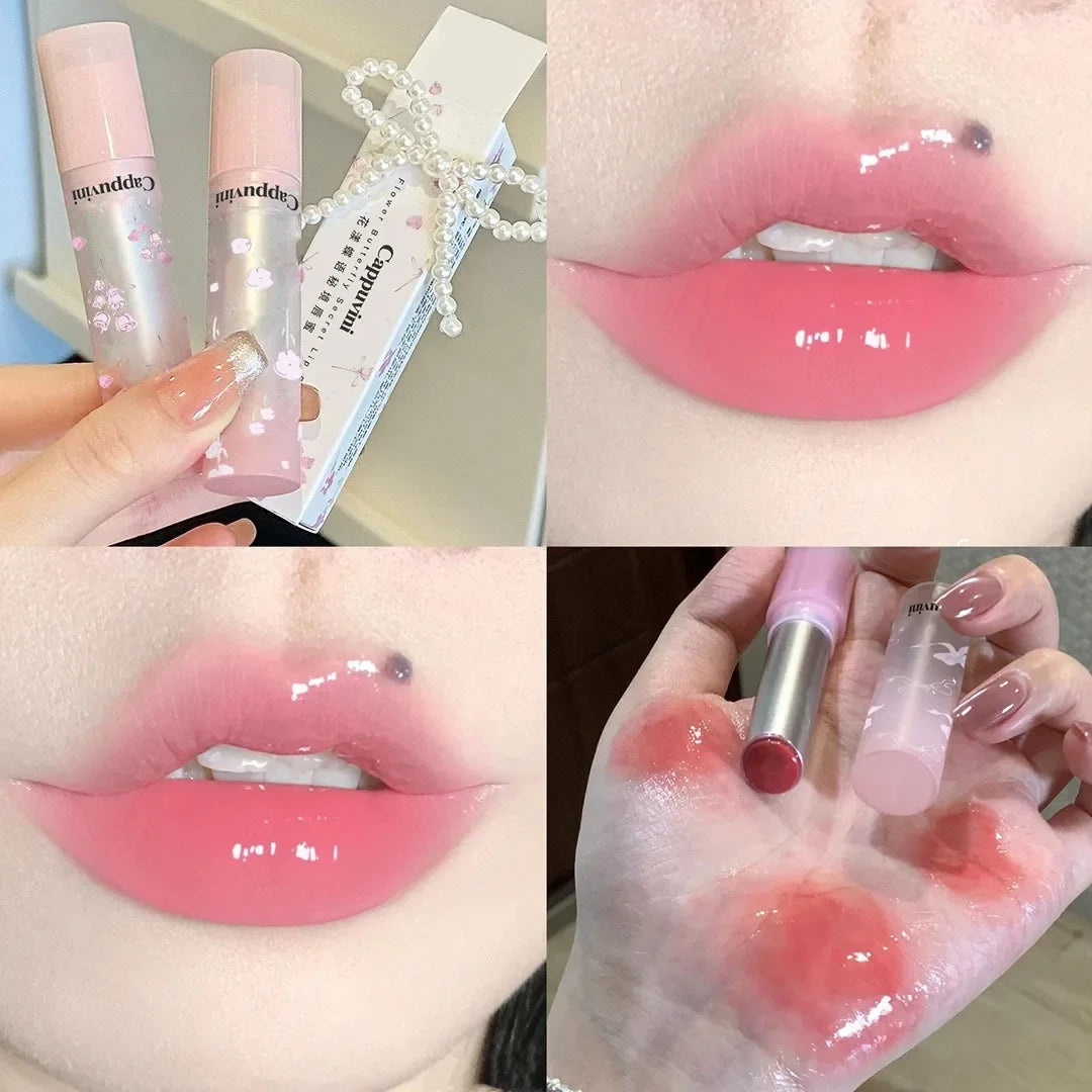 Floral Mirror Glass Solid Lip Gloss Water Light Round Tube Lipstick Clear Oil Jelly Lip Glaze Natural Nude Moisturizing Lip Tint HIP