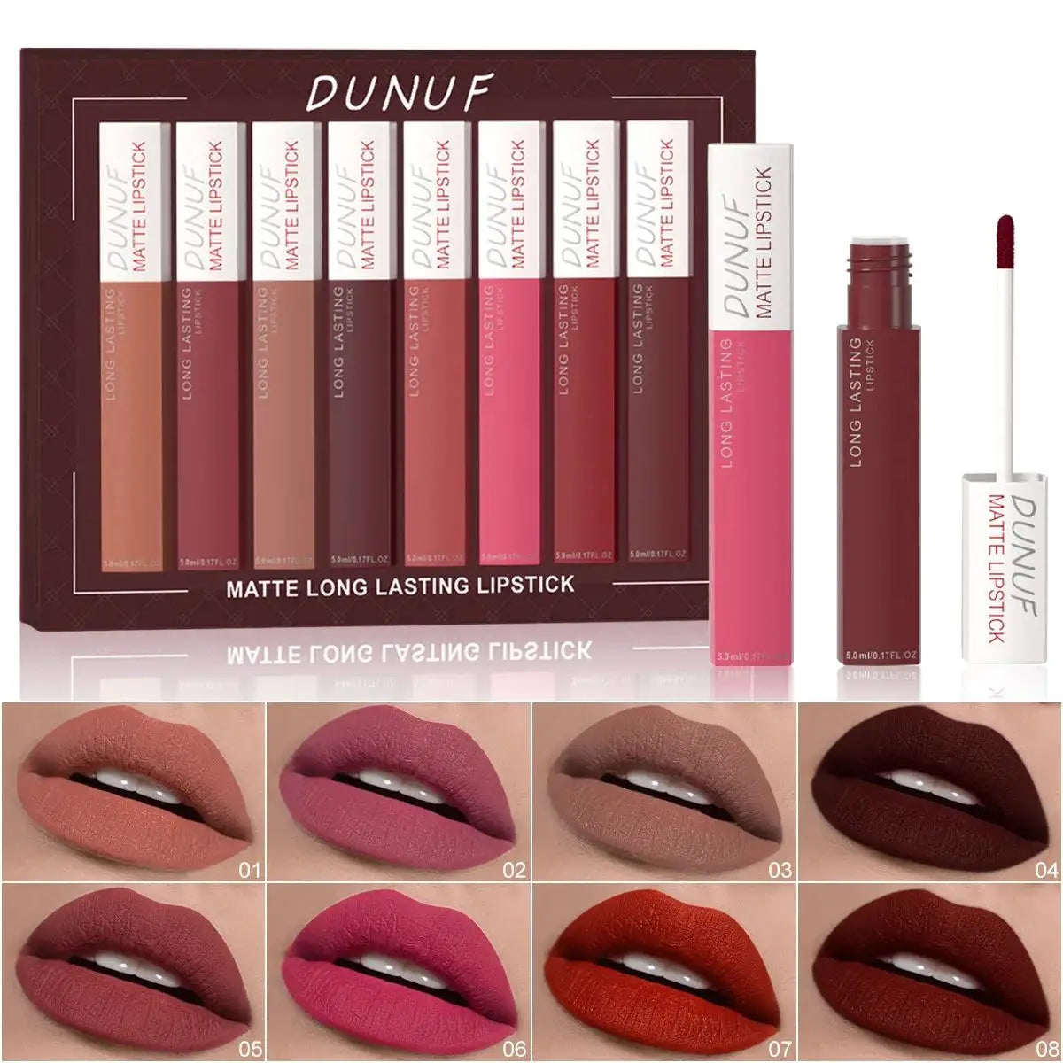 DUNUF 8-Piece Matte Liquid Lipstick Set – Waterproof & Long-Lasting Matte Liquid Lipstick Set HIP