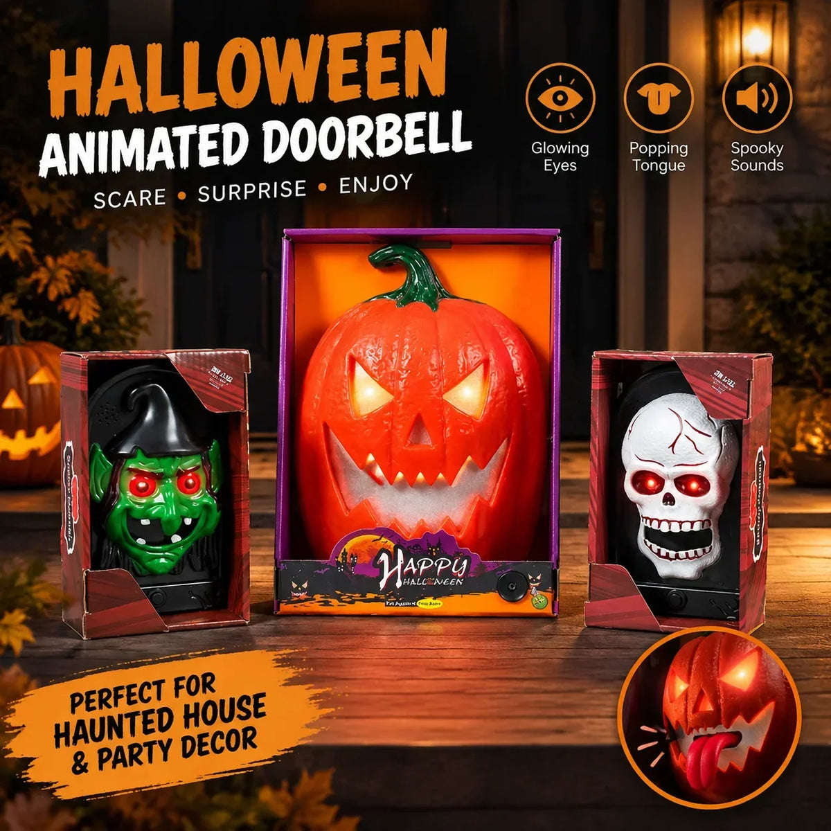 Funny Popping Tongue Glowing Eyes Doorbell Hanging Prop Haunted House Party Pumpkin Witch Skull Design Spooky Halloween Doorbell HIP
