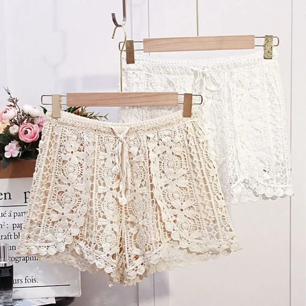 Boho Crochet High Waist Lace-Up Shorts for Women Crochet Lace Shorts HIP