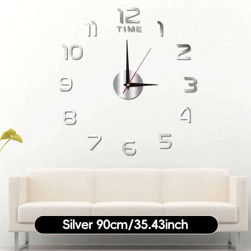 Large DIY Acrylic Wall Clock 40cm/90cm 3D Silent Frameless Wall Sticker Home Decor Gift For Living Room Bedroom Kitchen Office HIP Silver 90cm