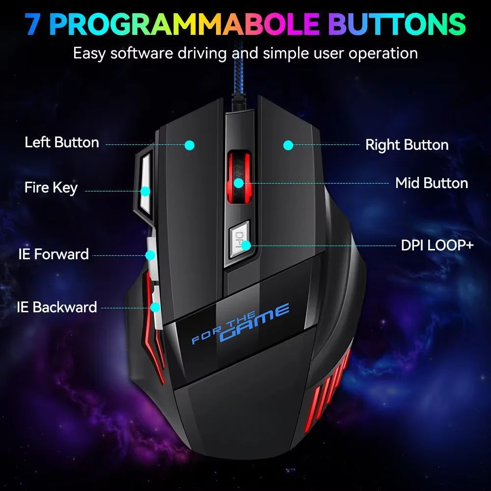 KEBIDUMEI 7-Button RGB Wired Gaming Mouse – 2400 DPI Ergonomic Wired Gaming Mouse HIP