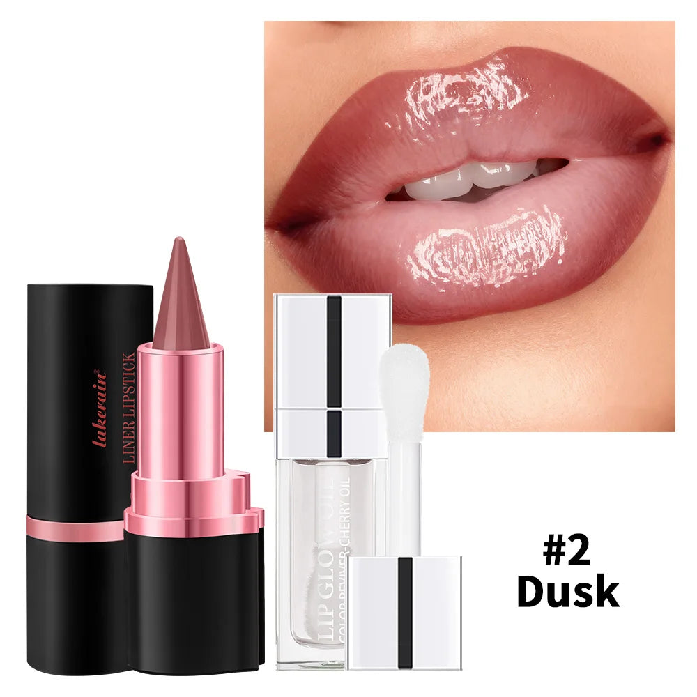 Lip Gloss & Lip Liner Set Long Lasting HydratingLip Gloss Lip Stain Contour for Every Makeup Style Women Lip Cosmetics Kit HIP 2Dusk