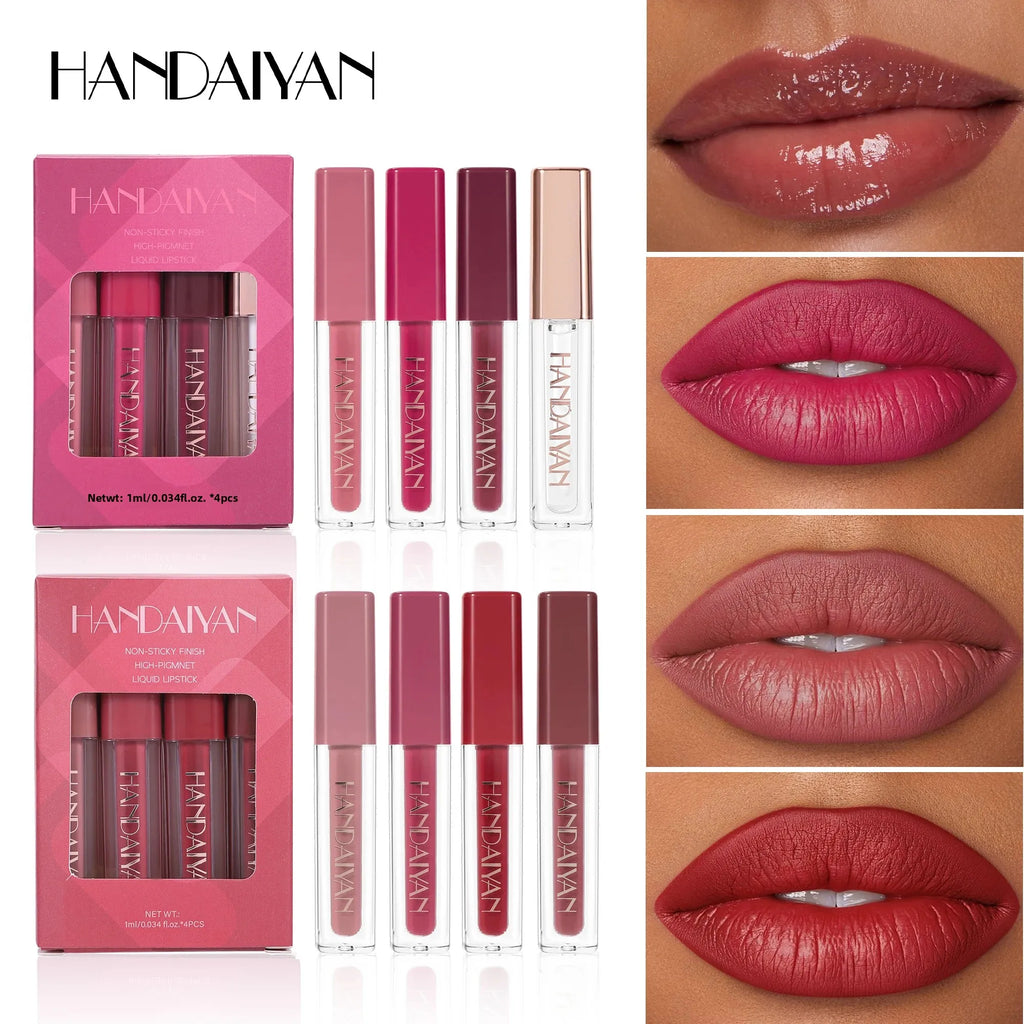 4-Piece Velvet Lip Gloss Set – Matte & Pearlescent Liquid Lipstick Liquid Lip Gloss Set HIP