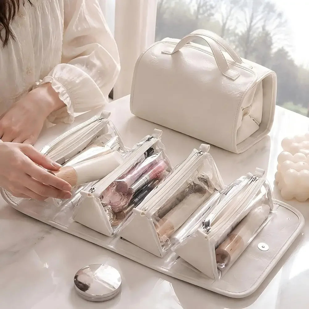 PU Leather Travel Cosmetic Bag Large Capacity Foldable Design Makeup Organizer Bag Waterproof Material Portable Makeup Case HIP