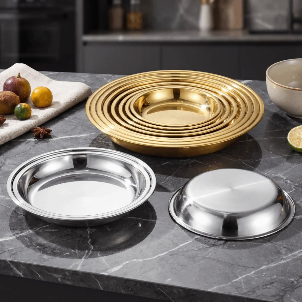 Stainless Steel Round Shallow Tray – Camping & Picnic Plate Serving Tray Plate HIP