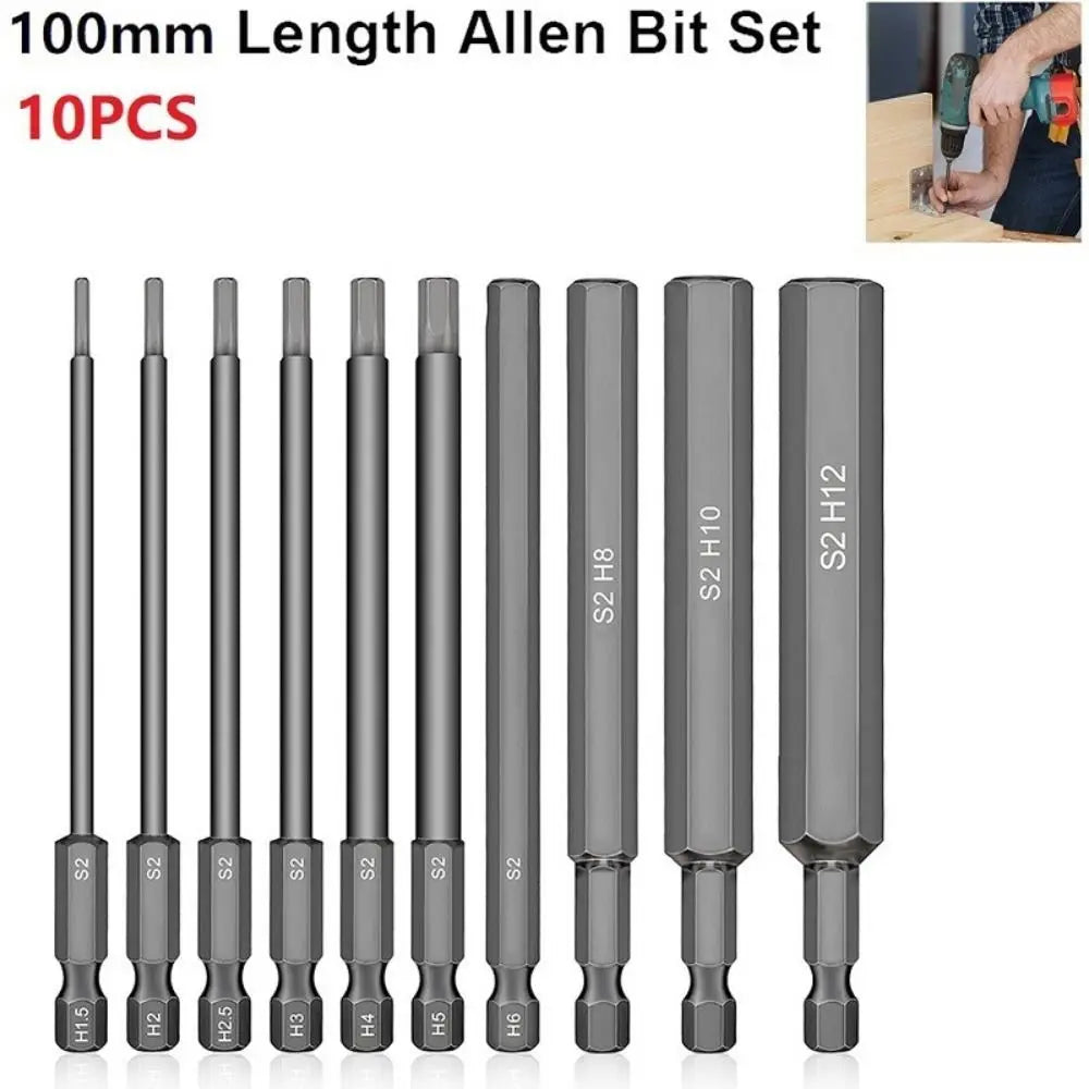 S2 Steel Hex Allen Screwdriver Bits 1.5–12mm | 1/4" Drive, 100mm Hex Screwdriver Bit Set HIP