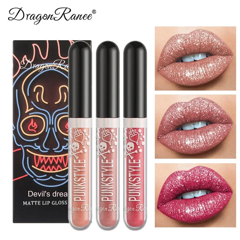 Dragon Ranee 3-Pc Glitter Lip Gloss Set – Metallic Matte Glaze Lip Gloss Set HIP