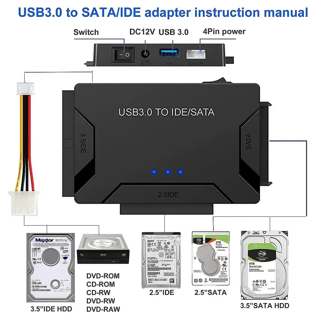 SATA/IDE to USB 3.0 Adapter – 2.5/3.5" HDD Converter, 6TB Hard Drive Adapter HIP