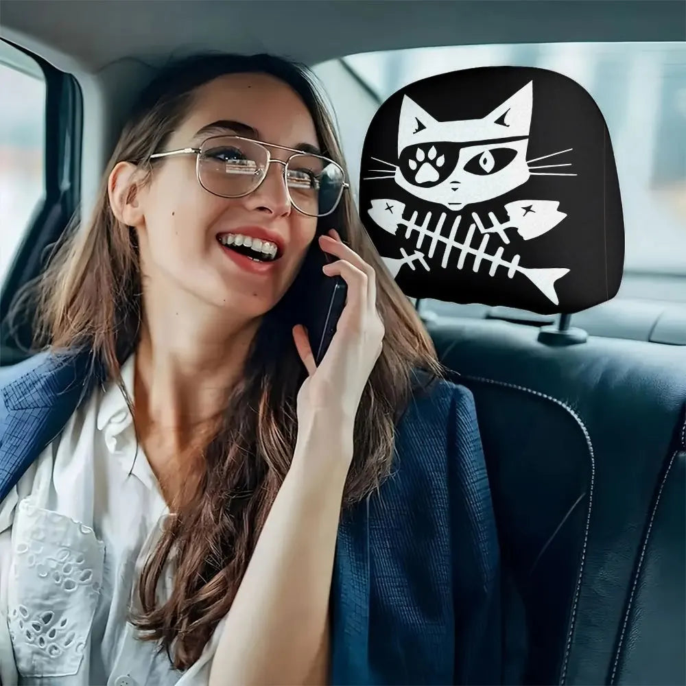 2-Pack Pirate Cat Car Headrest Covers – Washable, Black Car Headrest Cover HIP
