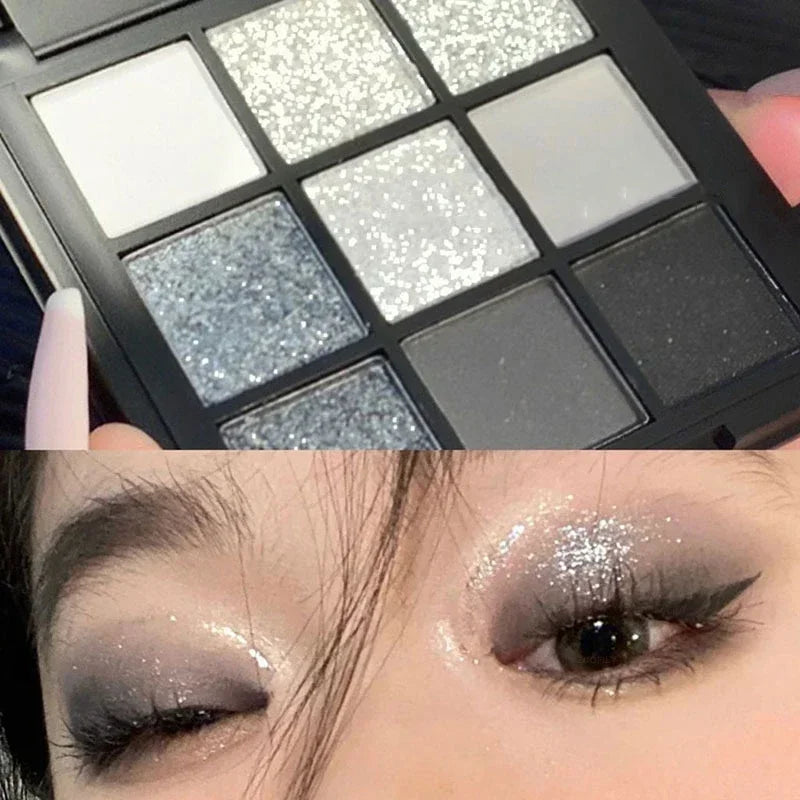9 Colors Punk Smokey Matte Glitter Eyeshadow Palette Shimmer Eye Shadow Makeup Palette Cool Toned Gray Black Eye Pigment Palett HIP