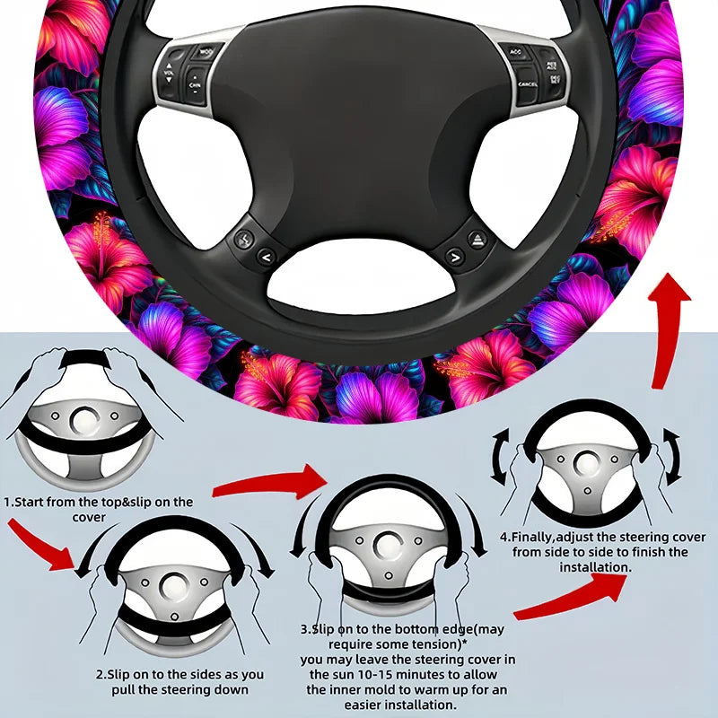 Hibiscus Floral Steering Wheel Cover – Universal Anti-Slip Fit Steering Wheel Cover HIP