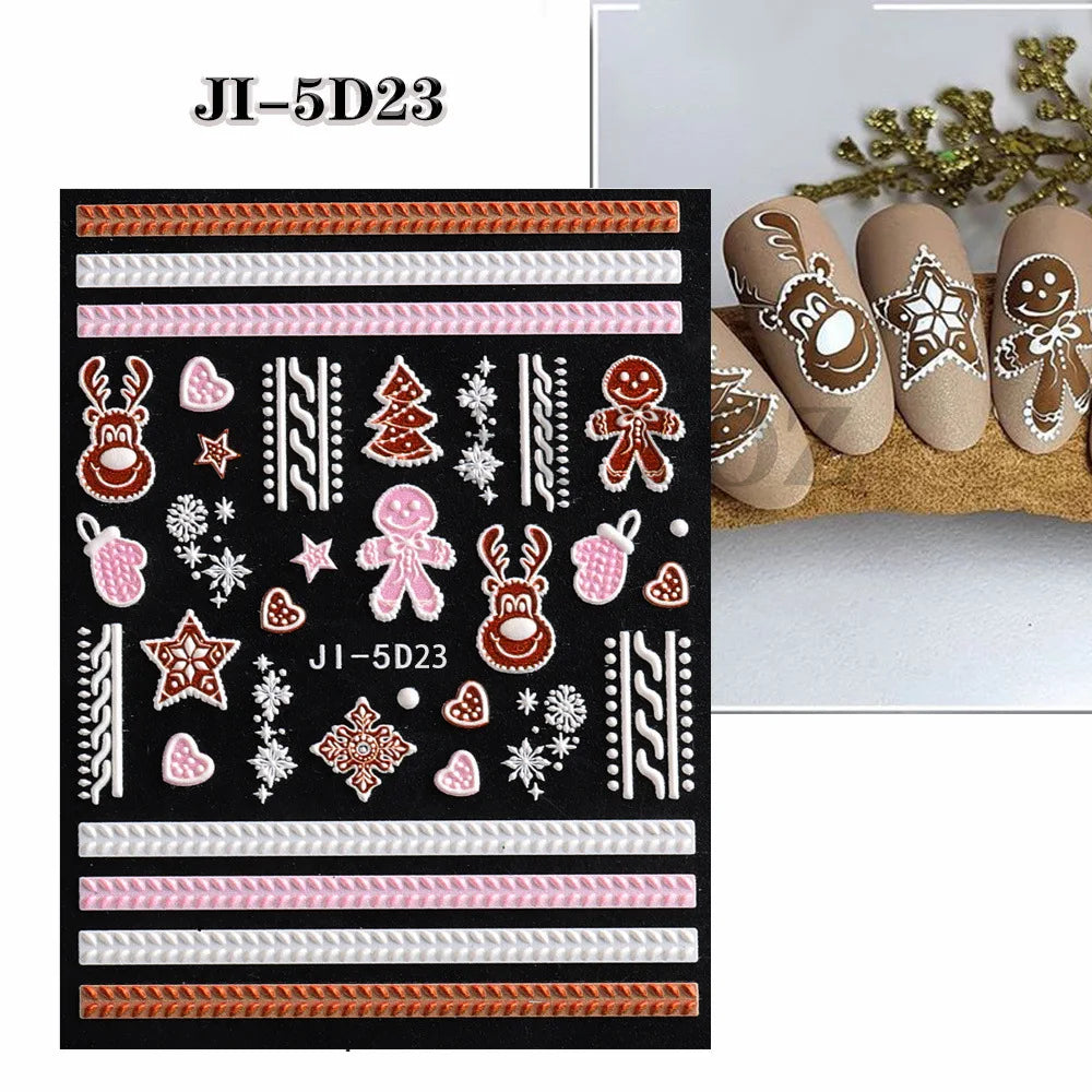 5D Embossed Santa Claus Gingerbread Man Elk Nail Art Stickers Christmas Cartoon Bear Snowman Tree Sliders New Year Xmas Decals HIP 23