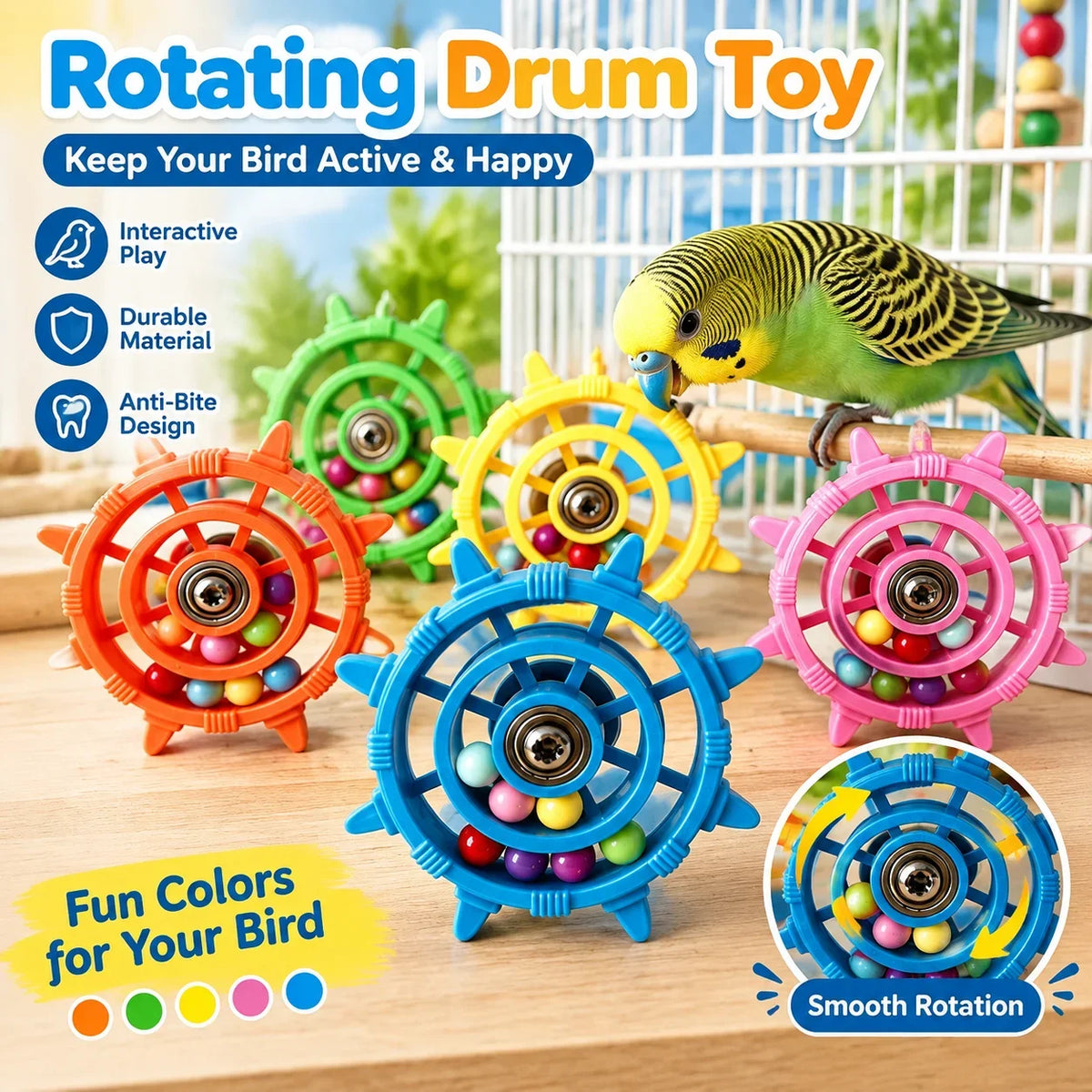 Rudder Shaped Colored Parrot Rotating Drum Toy Anti Bite Pet Bird Interactive Rotating Wheel Birdcage Toy Pet Bird Supplies HIP