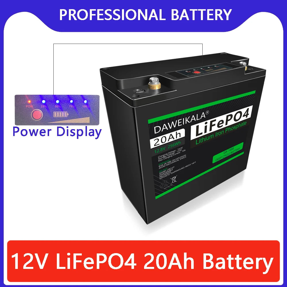 12V 20Ah LiFePO4 Deep Cycle Battery – 30A BMS & Display LiFePO4 Battery HIP