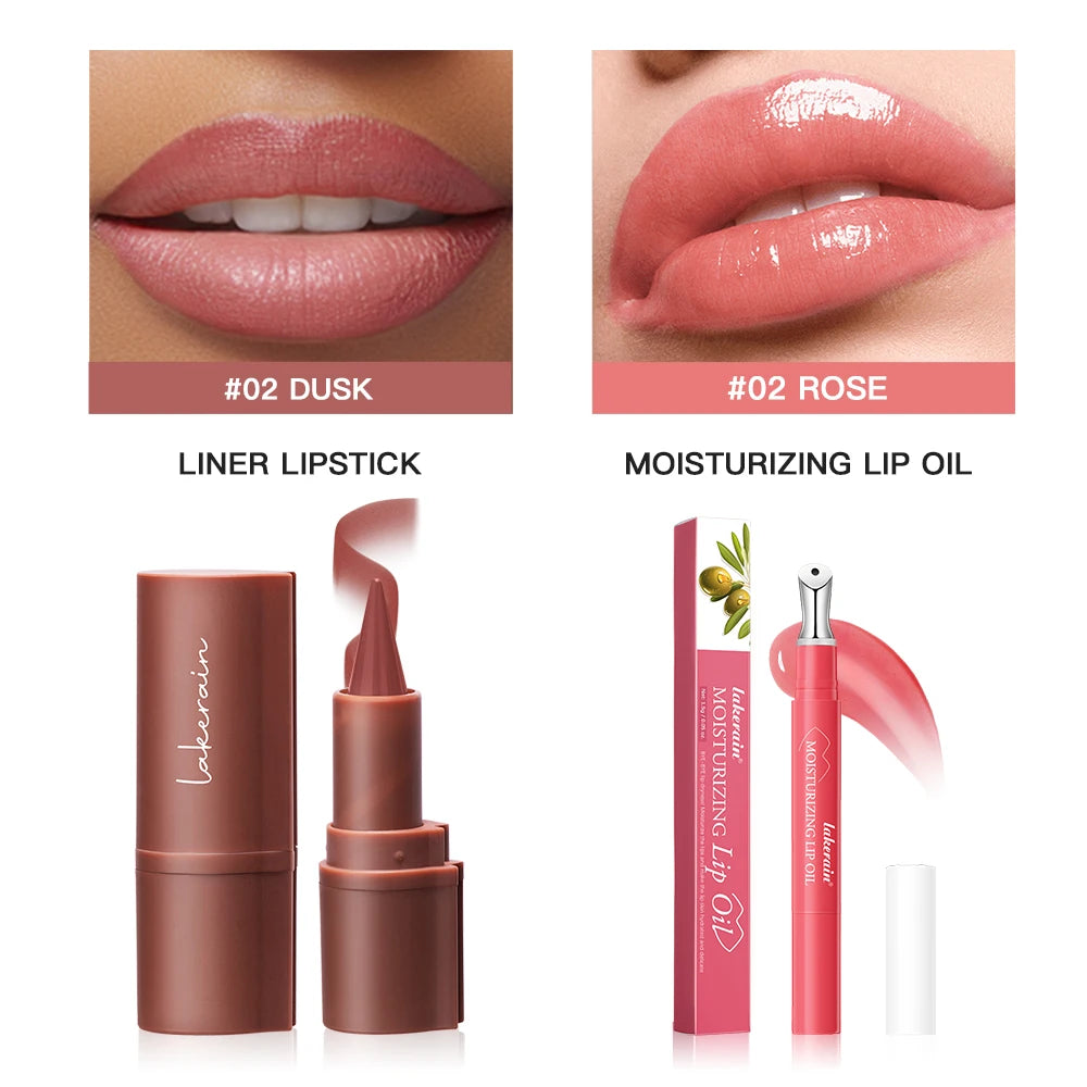 2Pcs Lip Liner & Lip Gloss Set Matte Black Brown Velvet Lipstick Waterproof Non-sticky Contour Lipliner Crayon Lip Makeup Tint HIP 2-2