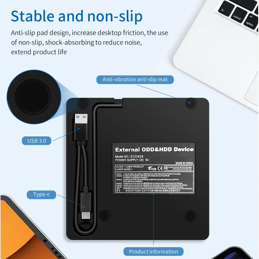 2 in 1 External DVD RW Drive USB 3.0 Type C Interface Slim DVD CD Writer Burner Reader Player Optical Drive For Laptop Notebook HIP