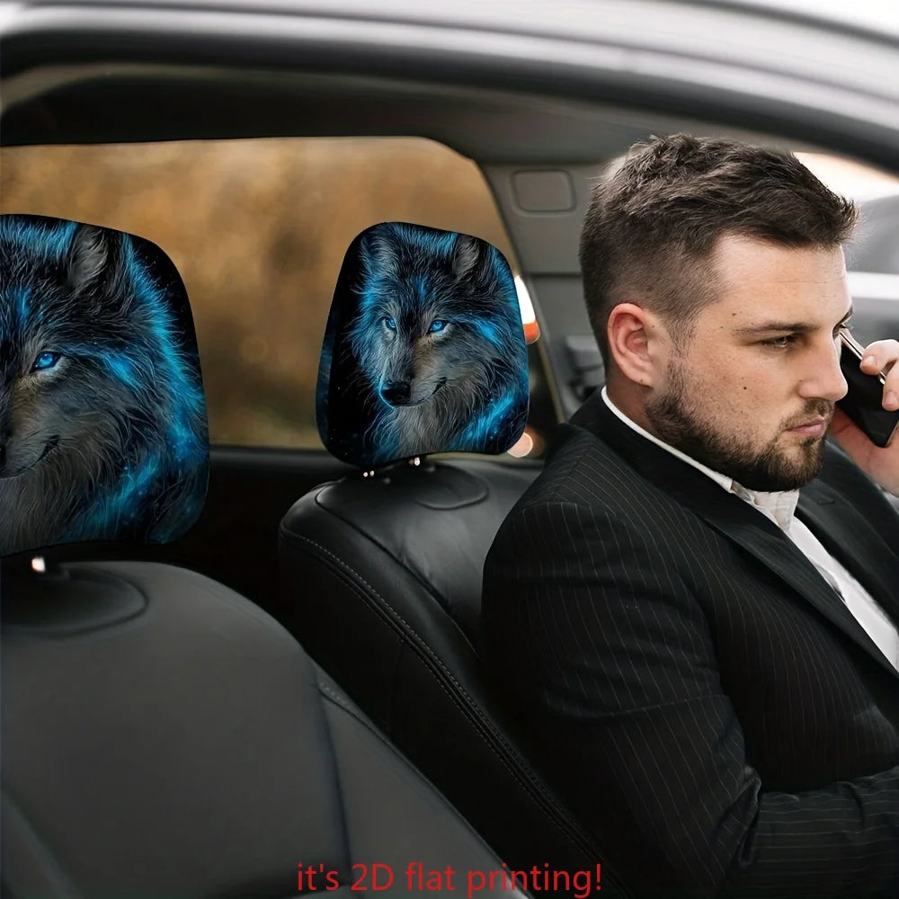 2-Pack Blue Wolf Print Car Headrest Covers – Universal Fit Car Headrest Covers HIP