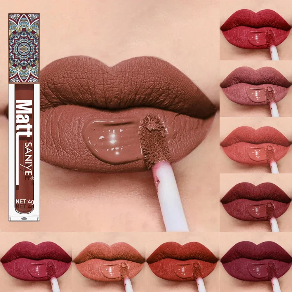 SANIYE Brand Makeup Nude Lip Gloss Waterproof Liquid Matte Lipstick Long Lasting 4g Quick Dry Red Lip Gloss Cosmetics HIP