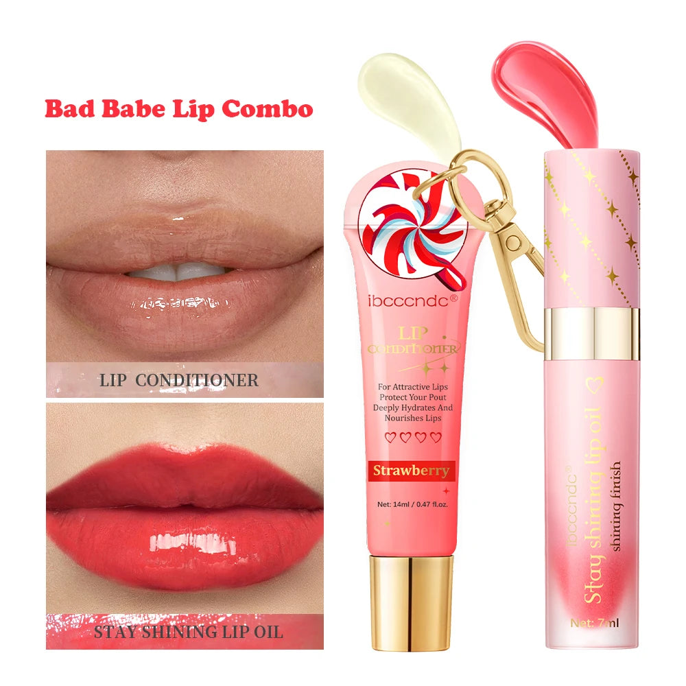 Lip Glosses Set Lip Duo Lip Gloss Combo with A Keychain Long Lasting Moisturizing Nourish Plumper Cosmetics HIP 3strawberry