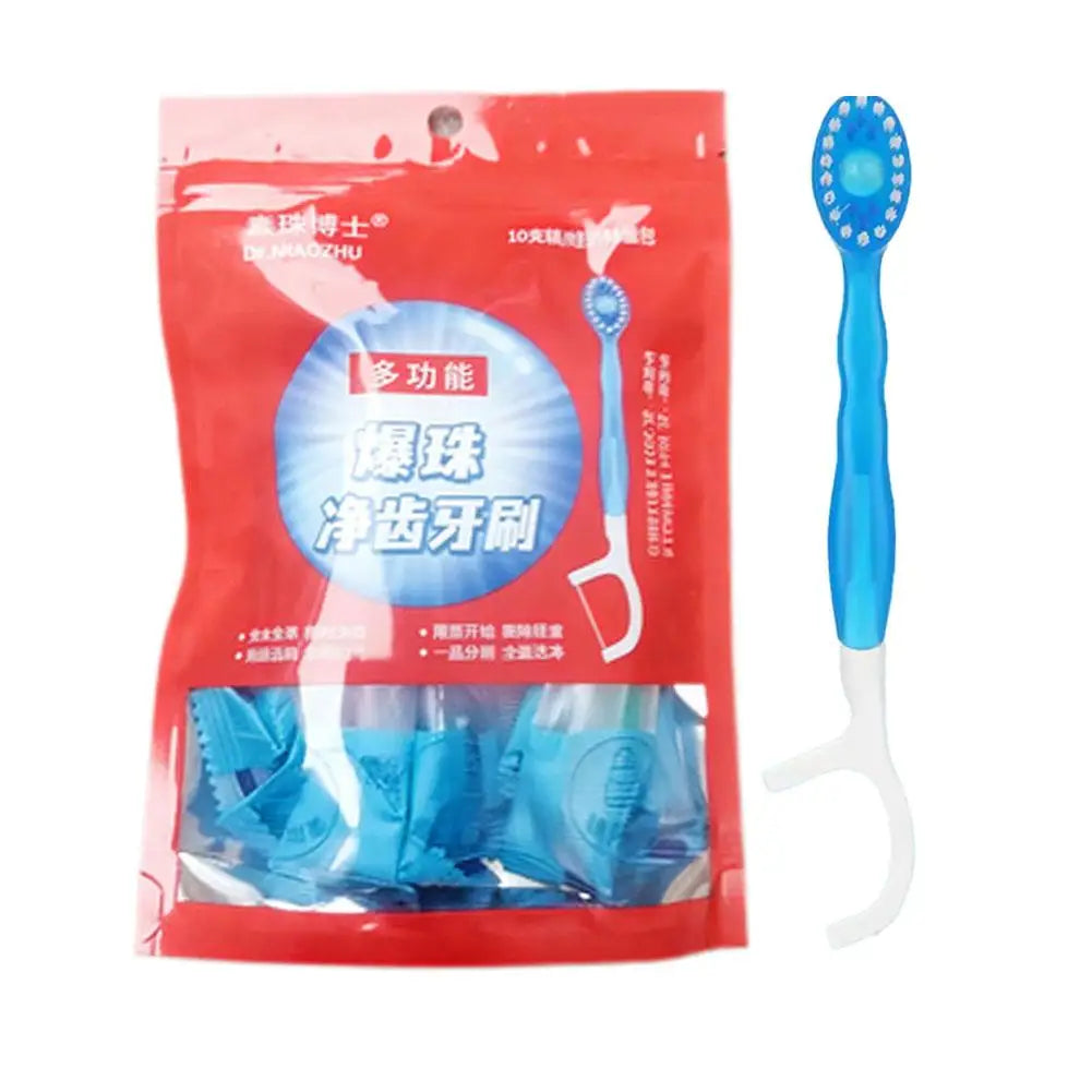Disposable Toothbrush With Mint Exploding Beads Portable Travel Manual Toothbrush With Floss Pick Waterless Oral Cleaning Tool HIP A