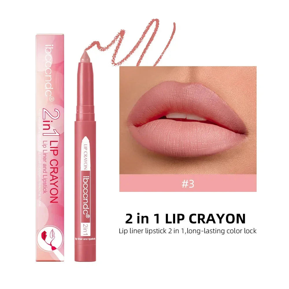 2-in-1 Lip Liner Waterproof Long Lasting Matte Lipstick Pencil Nude Pink Lips Outline Makeup Crayon Stick Lip Tint Line Cosmetic HIP 03