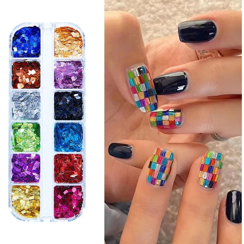 12 Colors Holographic Square Nail Sequins Laser Shiny Disco Paillette Sequins Glitter Flakes Decorations Accessories HIP 1 set