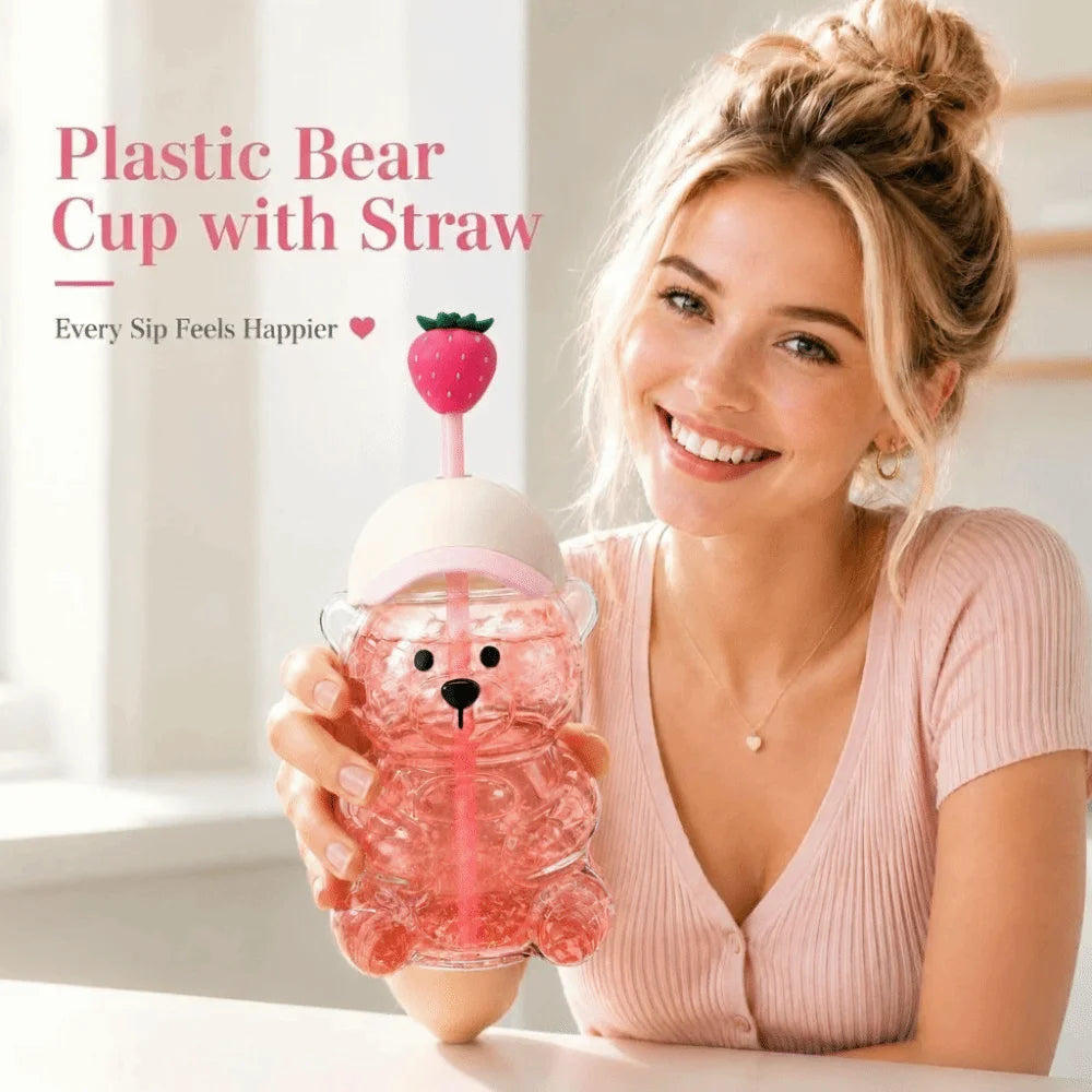 Cute Bear Straw Cup with Lid – 500ml Transparent Drink Cup Novelty Drinking Cup HIP