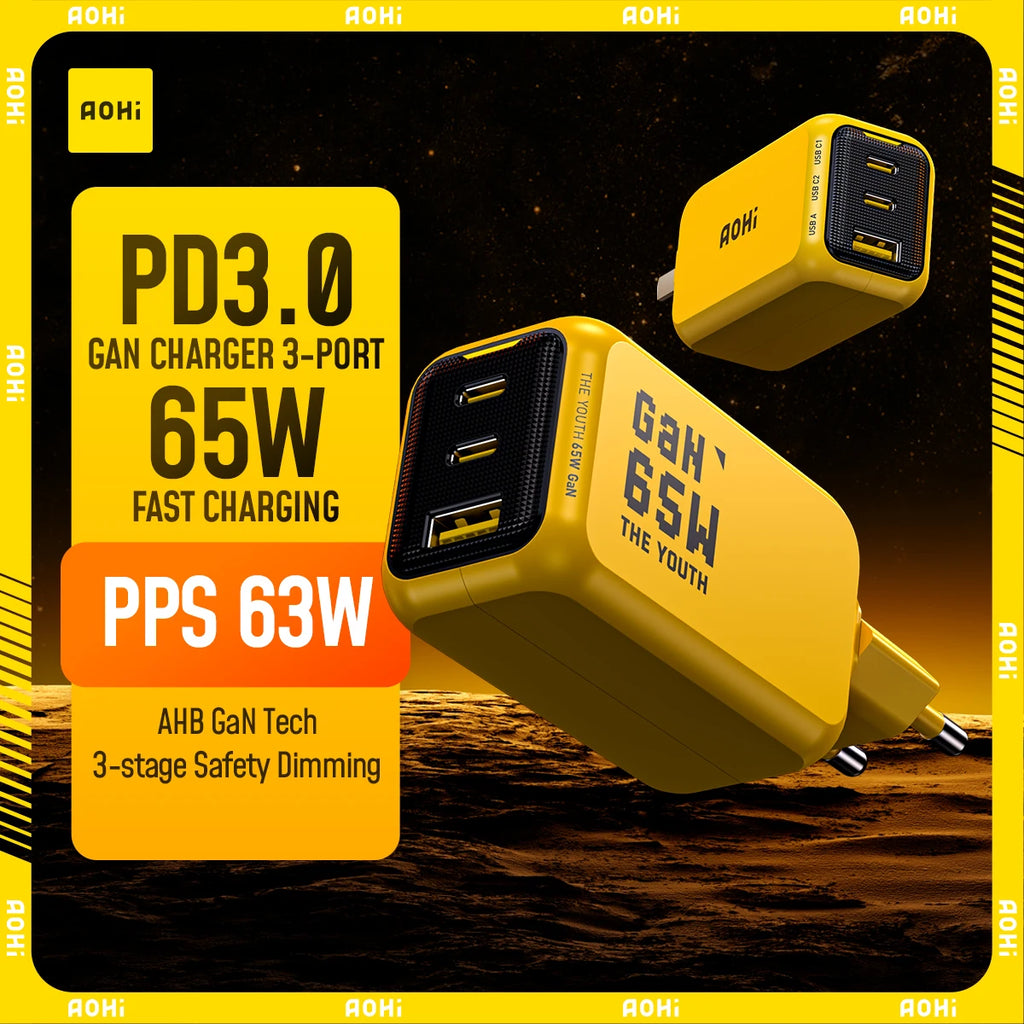 AOHI Youth 65W GaN 3-Port USB-C PD Fast Charger | QC4.0 GaN USB-C Charger HIP US 3 Ports Cable Set YELLOW