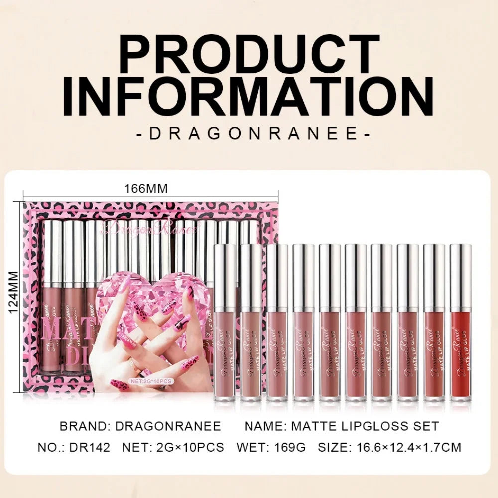 Dragon Ranee Velvet Matte Lip Gloss Set – 10-Pc Waterproof Matte Lip Gloss Set HIP