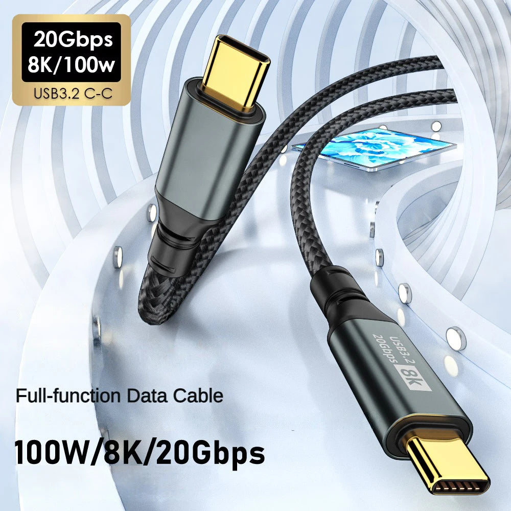 100W USB-C to USB-C Cable USB3.2 8K 20Gbps Fast Charge USB-C Charging Cable HIP