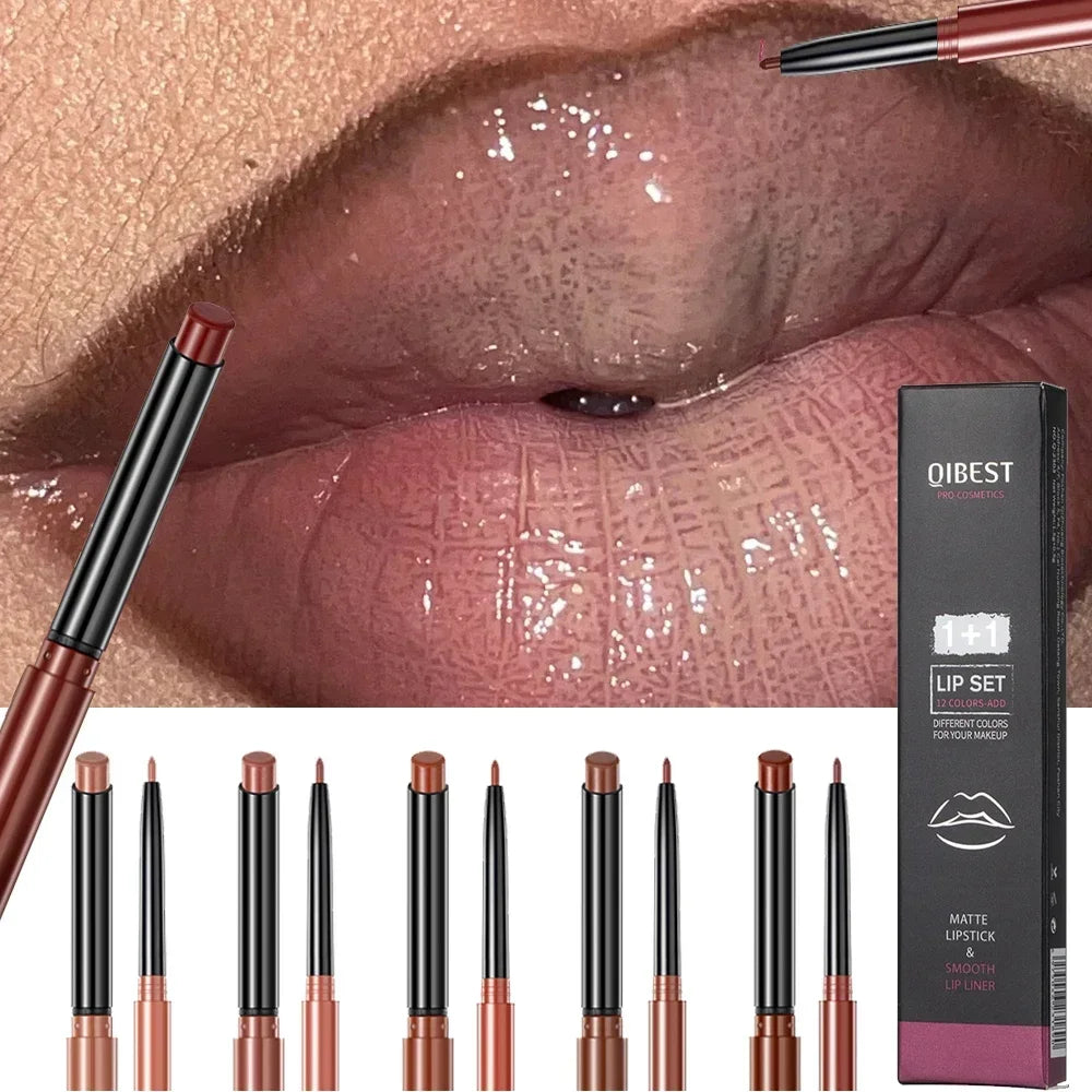 QIBEST Lipliner Pencil Lipstick Set Matte Nude Red Contour Tint Lipstick Long Lasting Non-stick Cup Lipliner Makeup Lip Stain HIP