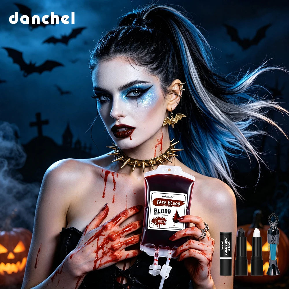 5pcs Halloween Cosplay Makeup Set Fake Blood Eyeliner Eye Shadow Pencil Black White Lipstick Long Lasting Face Cosmetic HIP