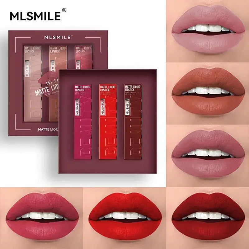 MLSMILE 3-Piece Velvet Matte Lip Gloss Set – Long-Lasting Liquid Lip Gloss Set HIP