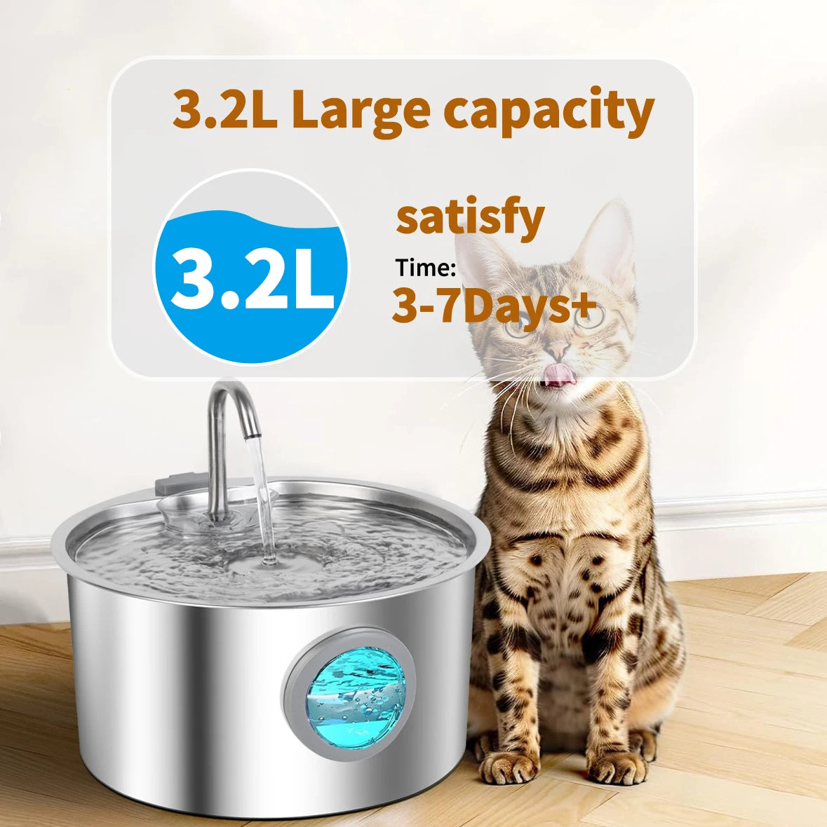 3.2L Stainless Steel Pet Water Dispenser USB Plug in Power Supply Silent Filter Cat and Dog Water Dispenser HIP