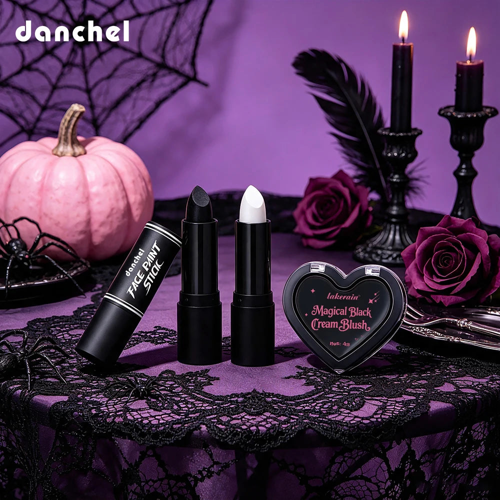 4pcs Halloween Cosplay Makeup Set Black White Lipstick Dark Blush With Storage Bag Waterproof Gothic Costume Party Beauty Suppli HIP
