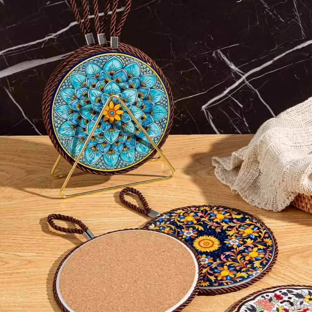 Heat Resistant Hot Pot Mat 17CM Cork Base Trivet Non-Slip Table Placemat Kitchen Dinner Mat Creative Ceramic Heat Insulating Mat HIP