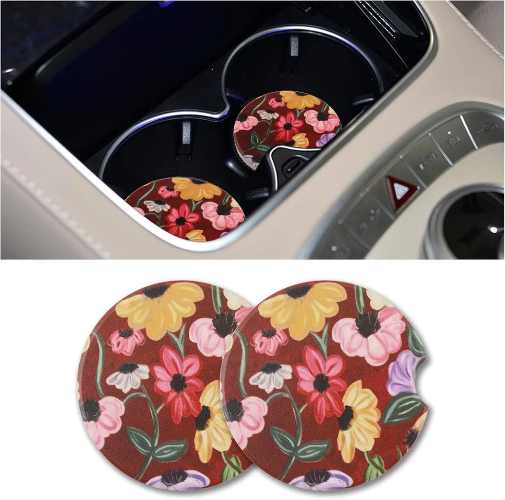 2-Pack Absorbent Ceramic Car Cup Holder Coasters – Floral Car Cup Holder Coasters HIP 1 Ceramic Cork