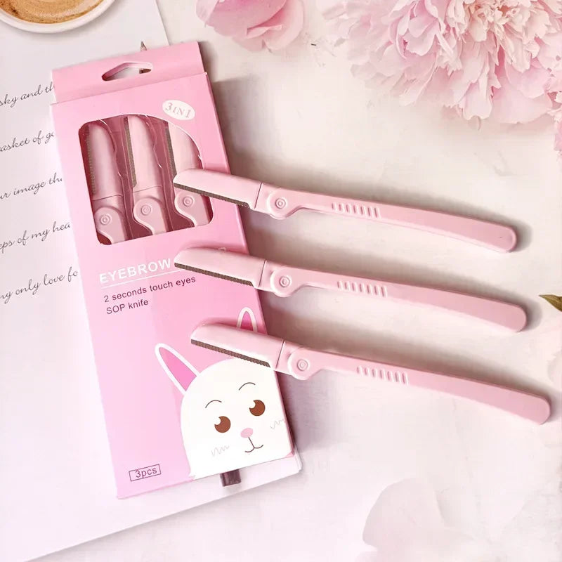 3-Piece Pink Folding Eyebrow Trimmer & Face Razor Set Eyebrow Trimmer Razor HIP