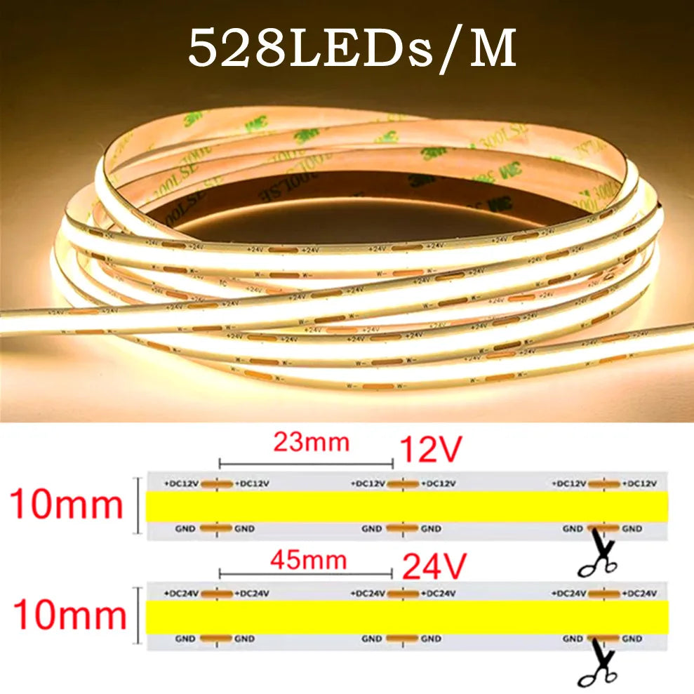 COB LED Strip Light 528 LEDs/m 12V 24V Flexible Tape 1–5m COB LED Strip Light HIP