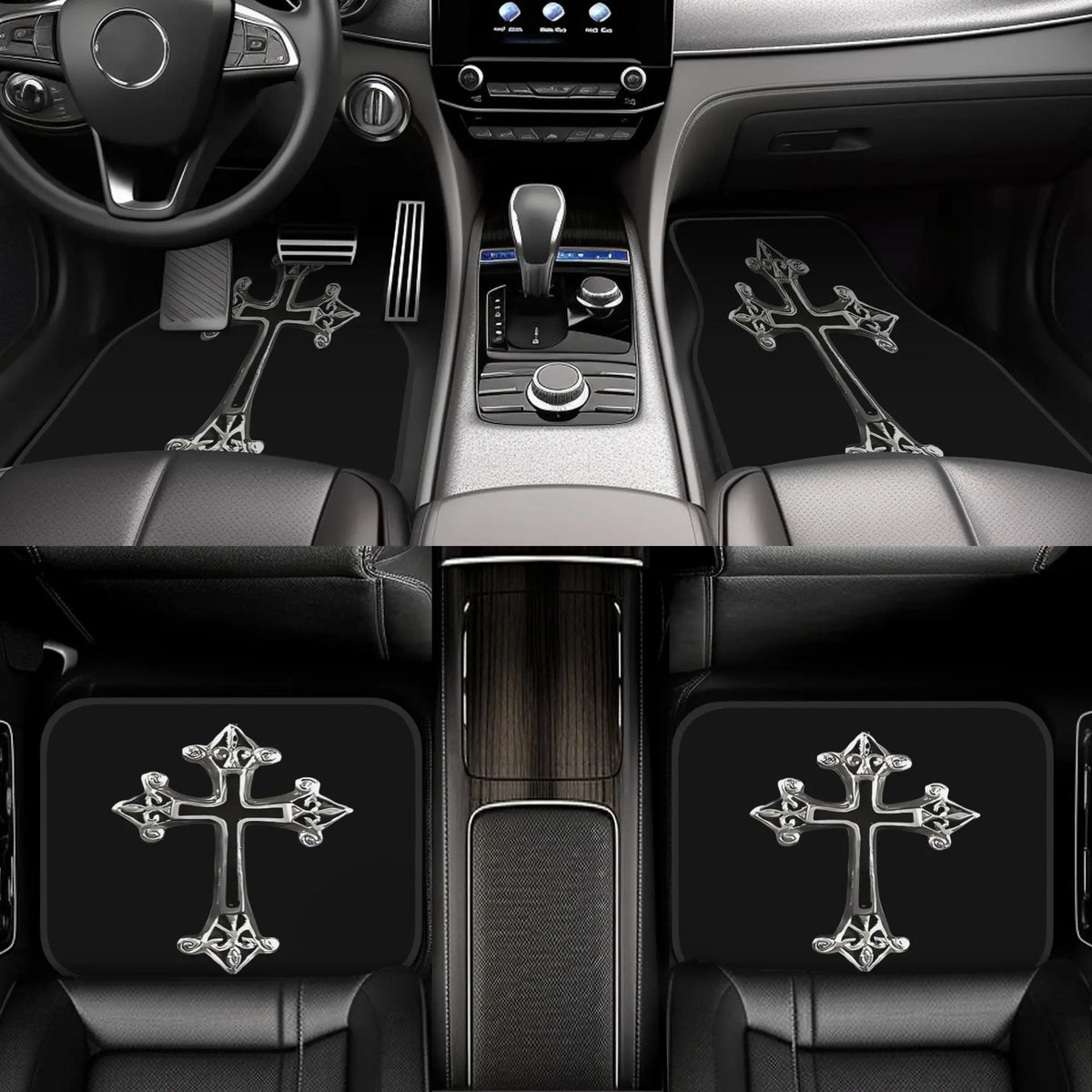 4-Piece Gothic Cross Car Floor Mats – Universal Fit, Black Car Floor Mats HIP