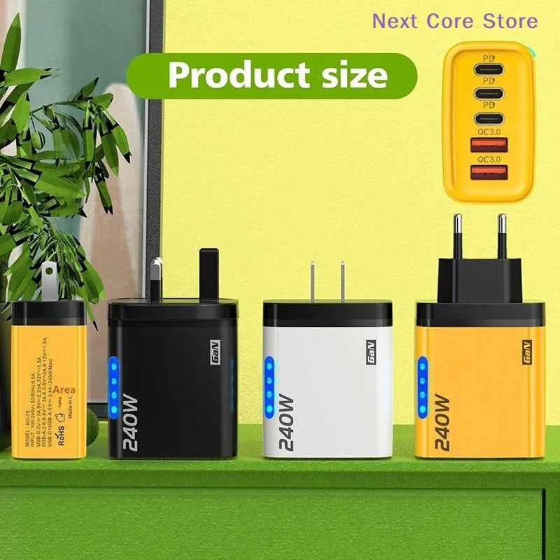 240W GaN 5-Port USB-C Fast Charger | PD & QC 3.0 Adapter GaN Wall Charger HIP