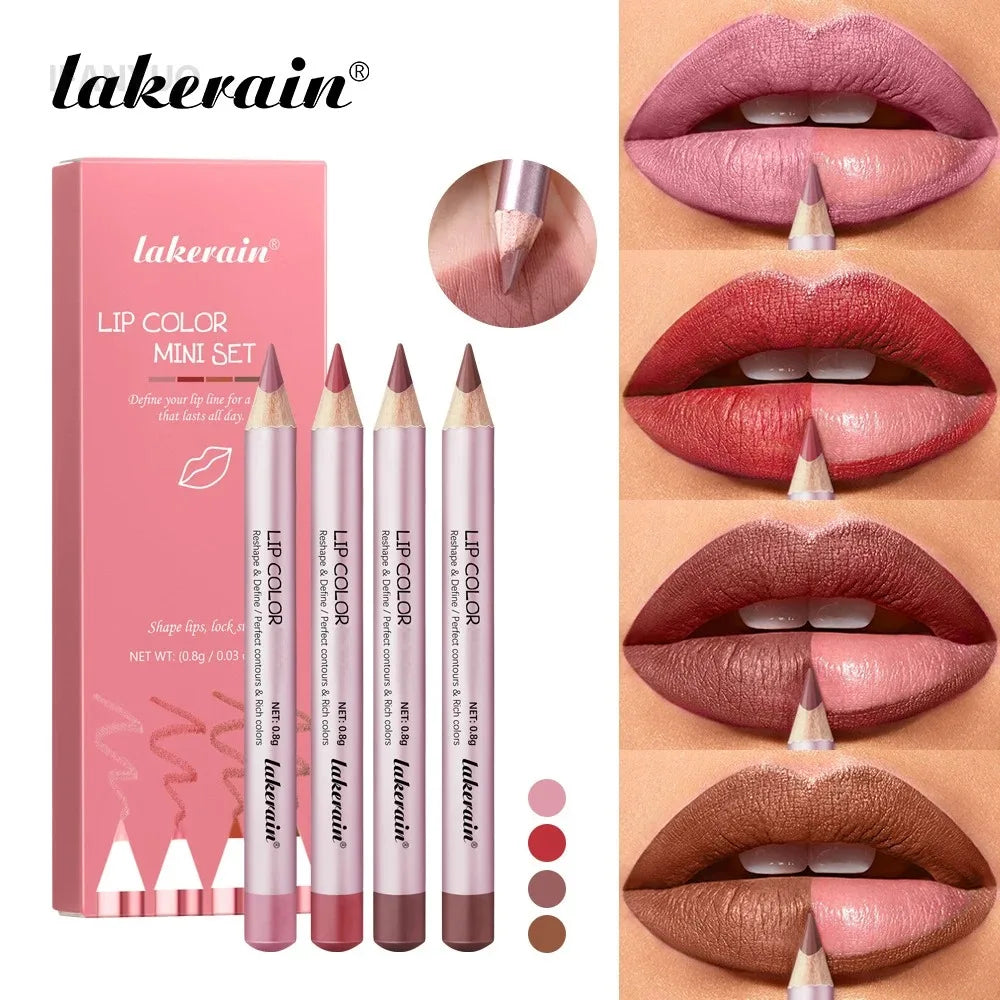 1/4Pc Mini Waterproof Matte Lipliner Pencil Pink Brown Contour Tint Lipstick Lasting Non-stick Cup Moisturising Lips Makeup Kit HIP 4Pc Mix Set With Box