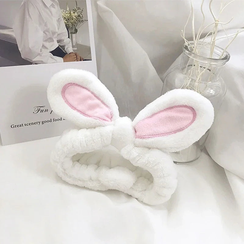 Headband for Washing Wash Face Rabbit Cat Makeup Hairbands Girls Elastic Holder Hair Strap Bands Ears Turban Hair Accessories HIP 04White
