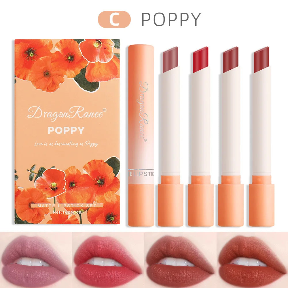 Dragon Ranee 4-Pc Velvet Matte Lipstick Set – Long-Lasting Matte Lipstick Set HIP C Full Size