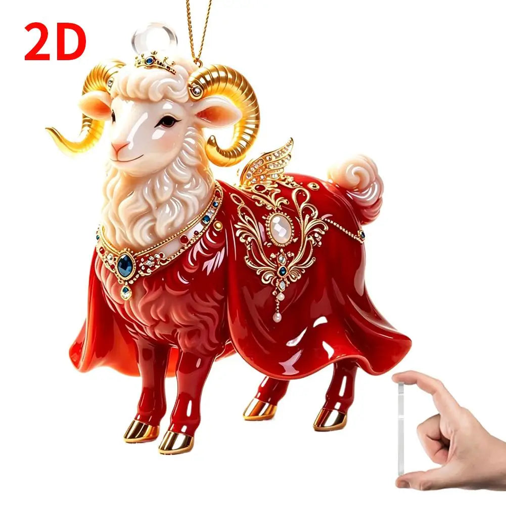 2D Flat Christmas Hanging Pendant Acrylic Red Gold Chinese Zodiac Goat Xmas Tree Hanging Ornament New Year Car Goat Pendant HIP H