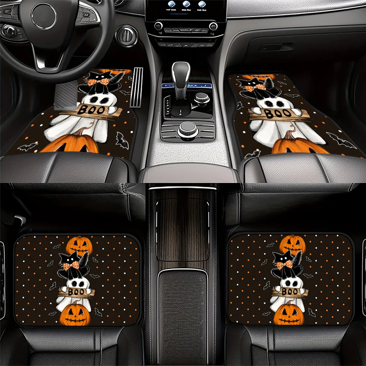 4-Piece Halloween Pumpkin & Black Cat Car Floor Mats – Universal Car Floor Mats HIP